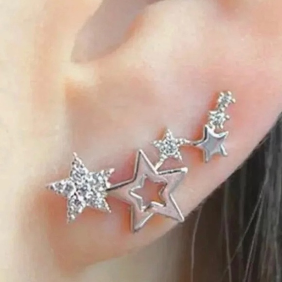 Silver Diamond Star Ear Climbers - Picture 2 of 5